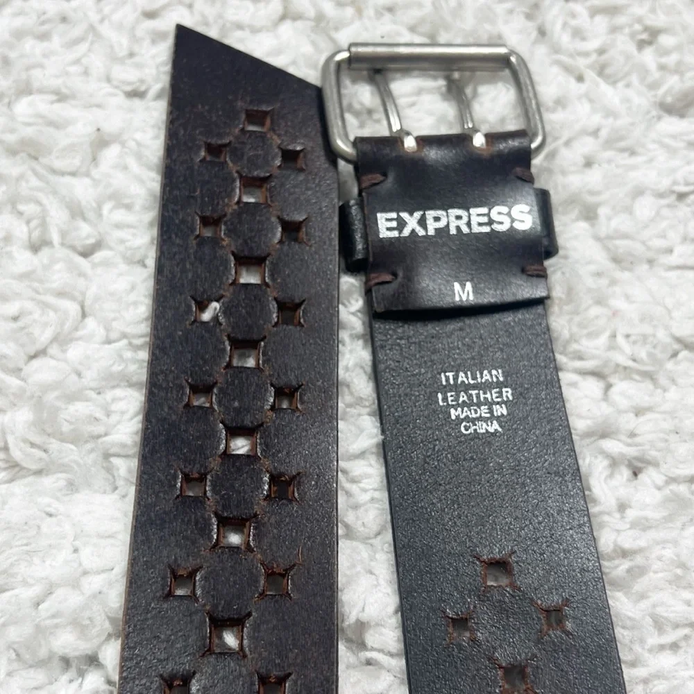 Express Vintage Perforated Brown Leather Belt Silver Buckle Medium Adjustable